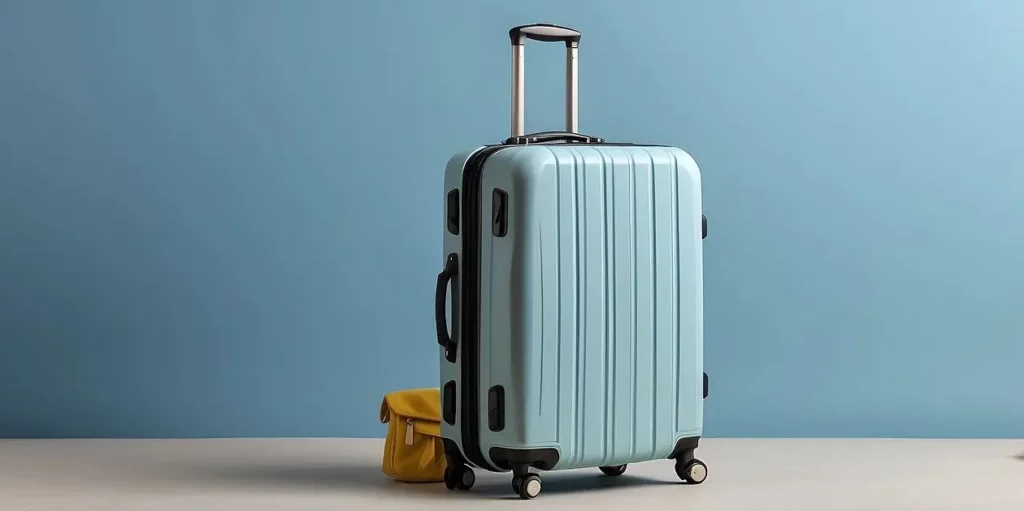 A yellow bag and blue suitcase in front of a blue wall